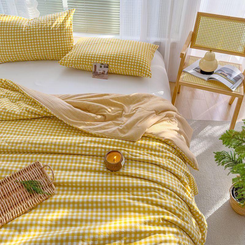 Green Plaid Quilt for Summer Japanese Style Soft Thin Air Conditioning Throw Single Double Machine Washable Breathable Blanket