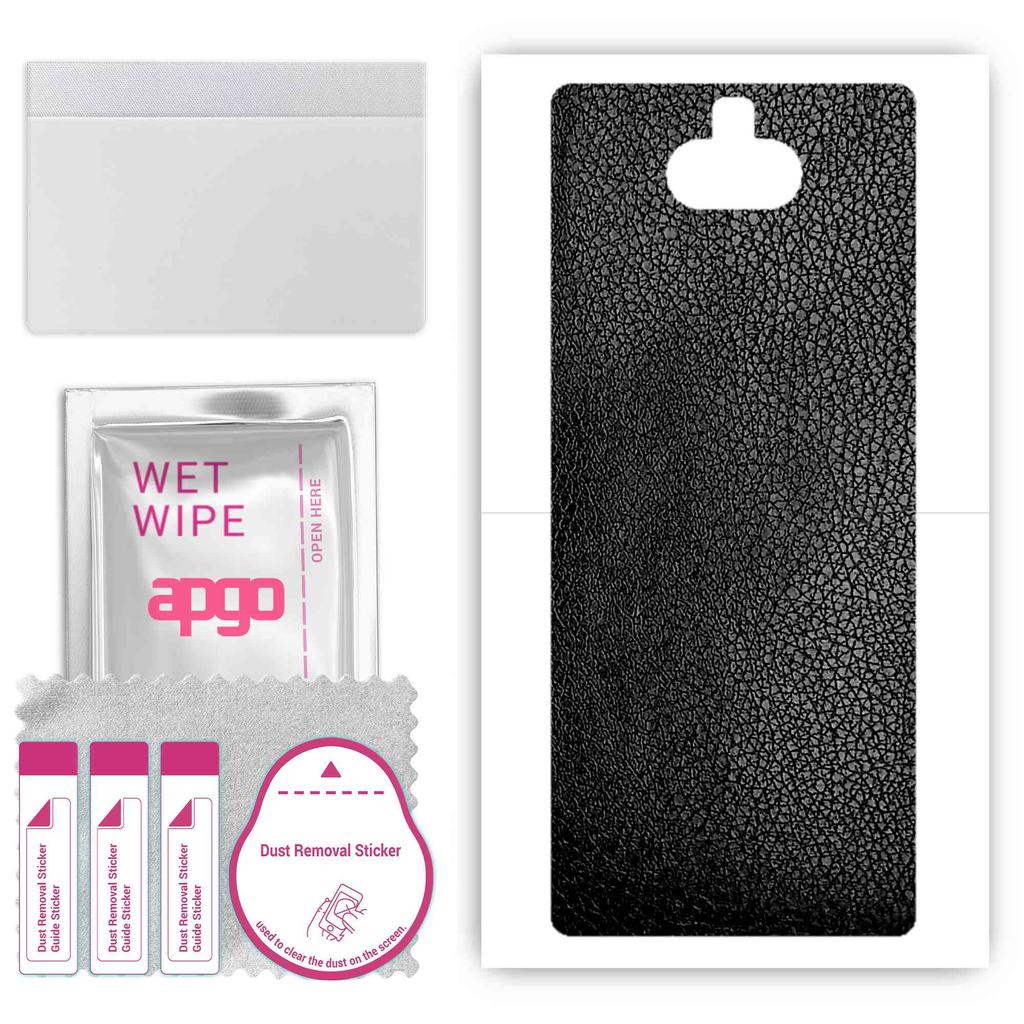 apgo Protective Skin Sticker for the Back Compatible with Sony Xperia 10, Wrap Film, Foil, Vinyl - Pattern Black Leather