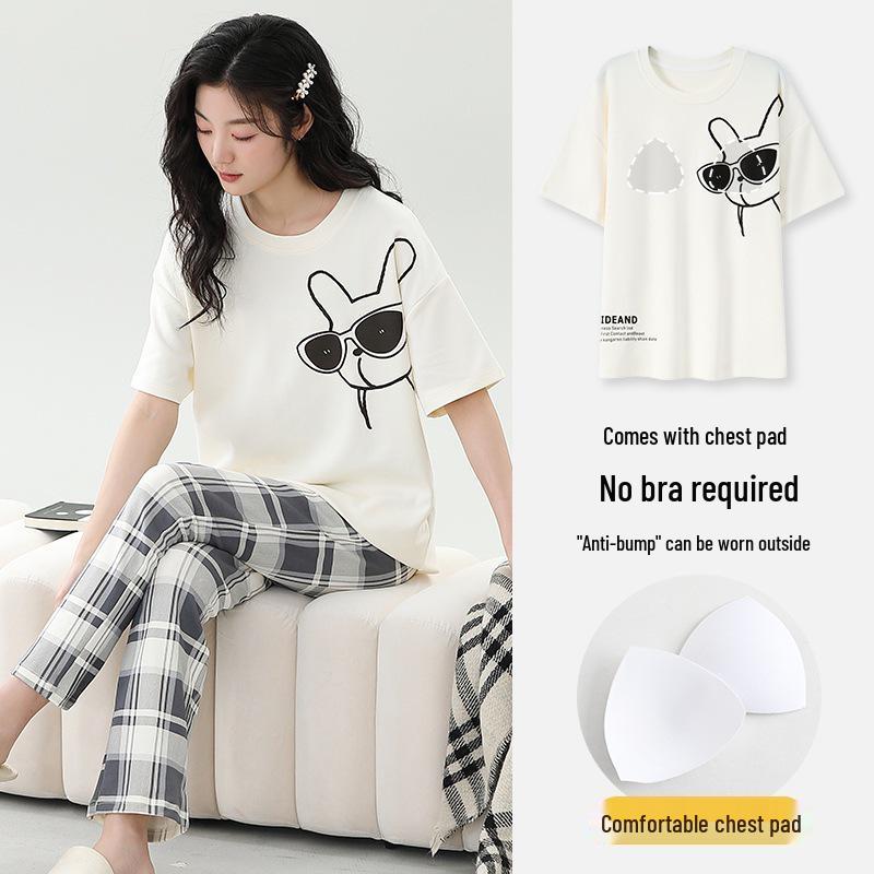 Damski kreskówkowy komplet piżamy z krótkim rękawem i wkładkami na biust - Letni bawełniany długi komplet domowy 2025