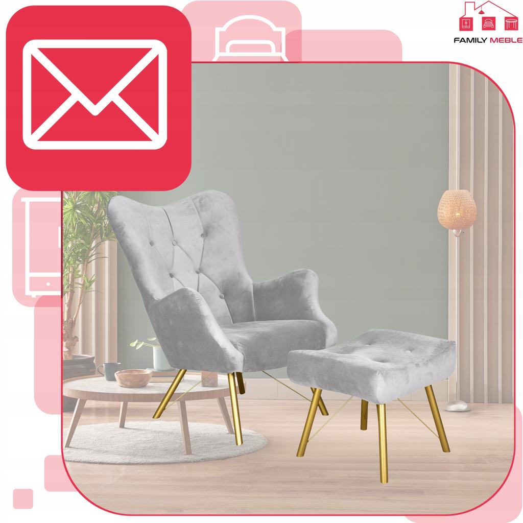 Scandinavian Armchair Luna with Footrest, Pouffe, Button, Family Meble, Grey Velvet