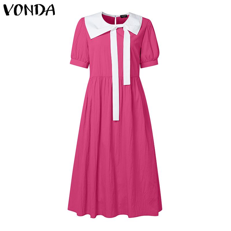 VONDA Rochie midi plisată cu mânecă scurtă și guler păpușă pentru femei