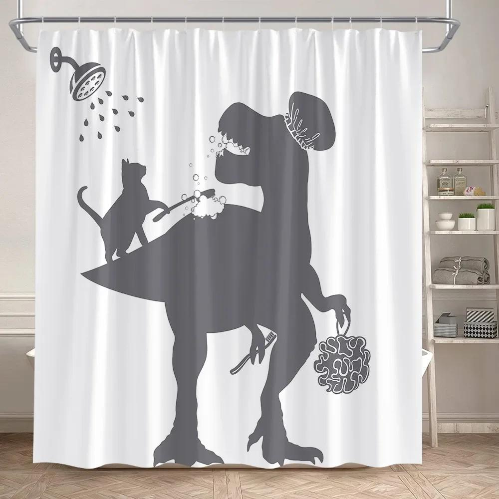 Lustige Badende Dinosaurier Duschvorhänge Schwarze Katze Tiersilhouette Kinder Badevorhang Modernes Polyester Badezimmerdekor mit Haken