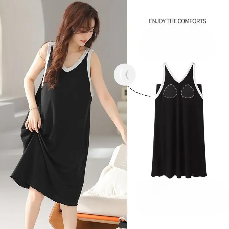 Modal Pajama Set for Women Built-in Padded Bra Top and Shorts 2 Piece Summer Loose Comfortable Home Clothes Sleepwear