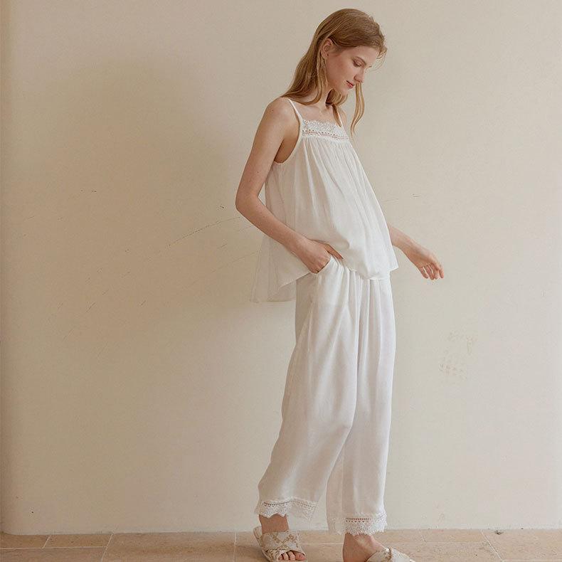 

Хлопок Вискоза Модный Стиль Женский Пижамный Комплект Кружевной Дизайн Топы На Бретельках С Длинными Брюками Свободный и Удобный Пижамный Костюм XL белый