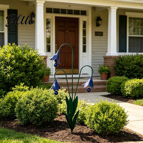 Garden Chimes Outdoor Flower Yard Stake Bells with Triple Bluebells Handmade Metal Art Soft Tone Wind Rustic Decorative Bell