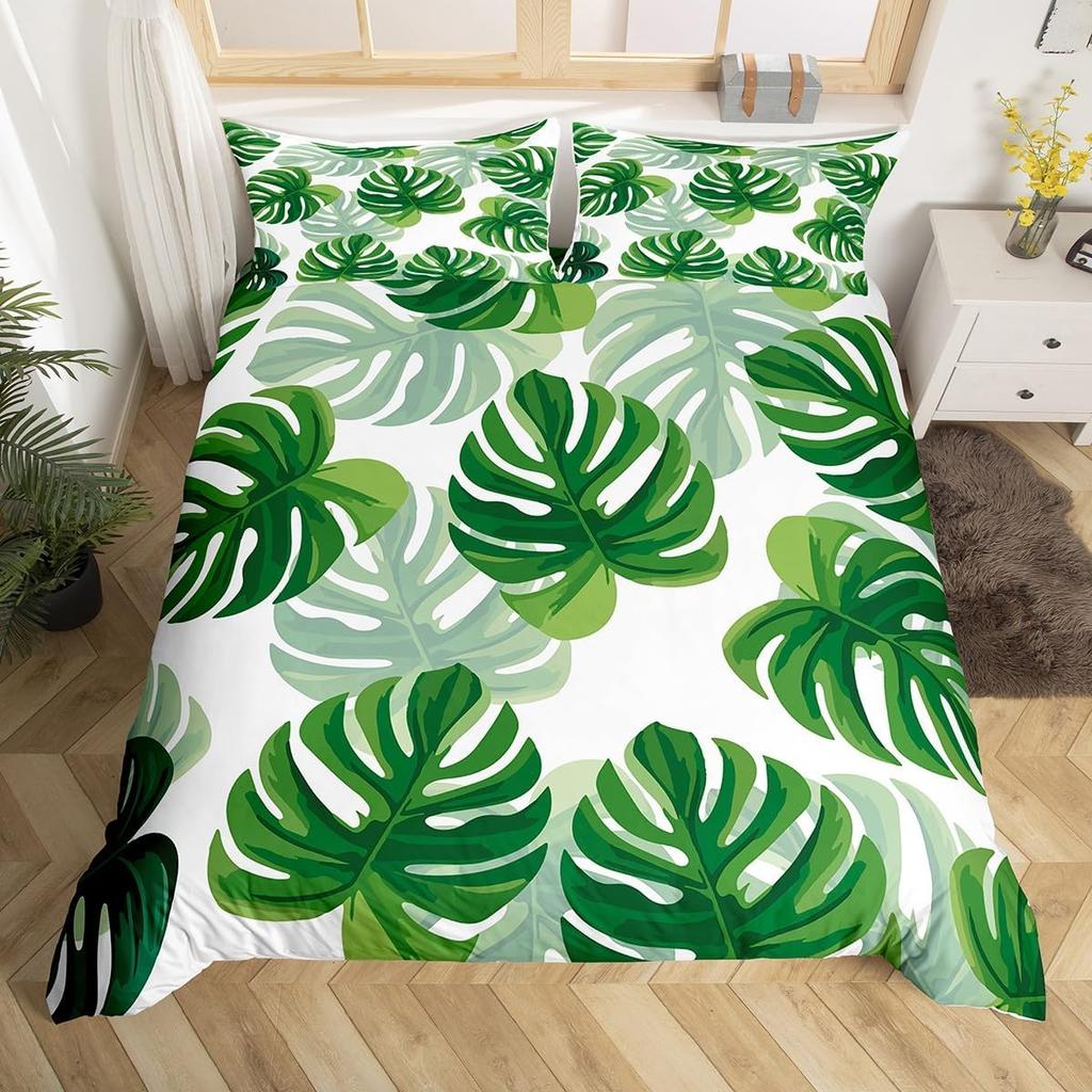 Tropical Botanical Duvet Cover Gold Palm Tree Leaf Comforter Cover King Jungle Nature Theme Watercolor Plant Leaves Bedding Set