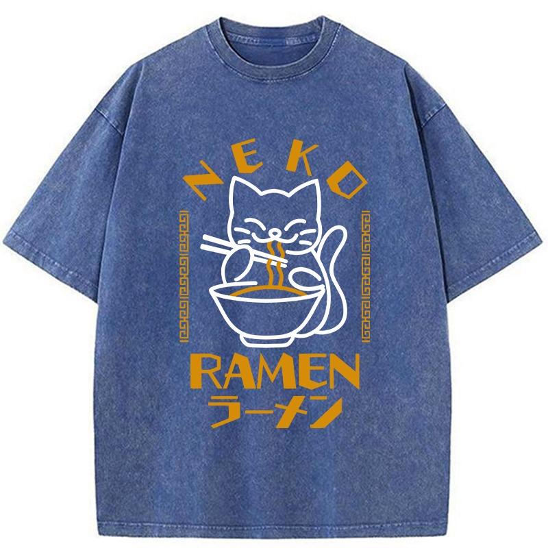 Fashion Ramen-Obsessed Cat Washed T-Shirt Oversized Summer Harajuku High Quality Cotton Tees Men s Dropped Shoulder T S
