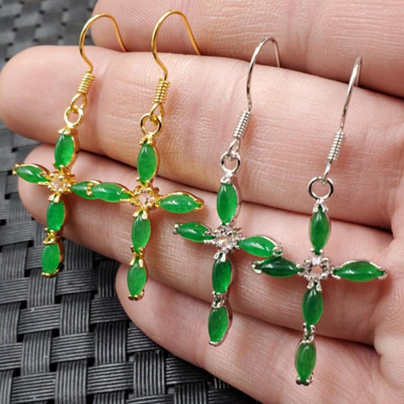 Emerald Green Jade Cross Earrings - Quartzite Jade Ear Pendants Silver Variant