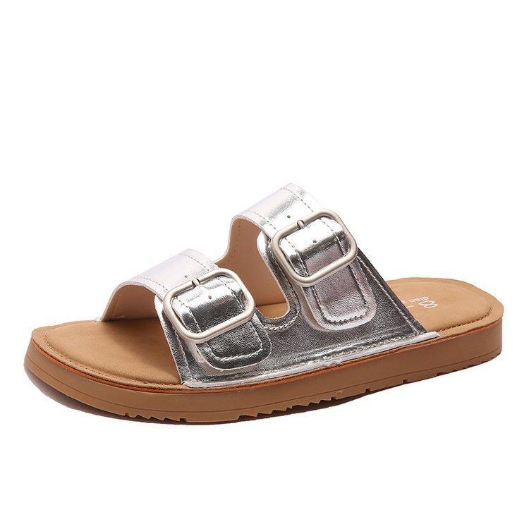 

2025 лето новая пряжка ремня полушлепанцы женские нескользящие повседневные Boken универсальные ретро с открытым носком прохладные шлепанцы 40 серебряный