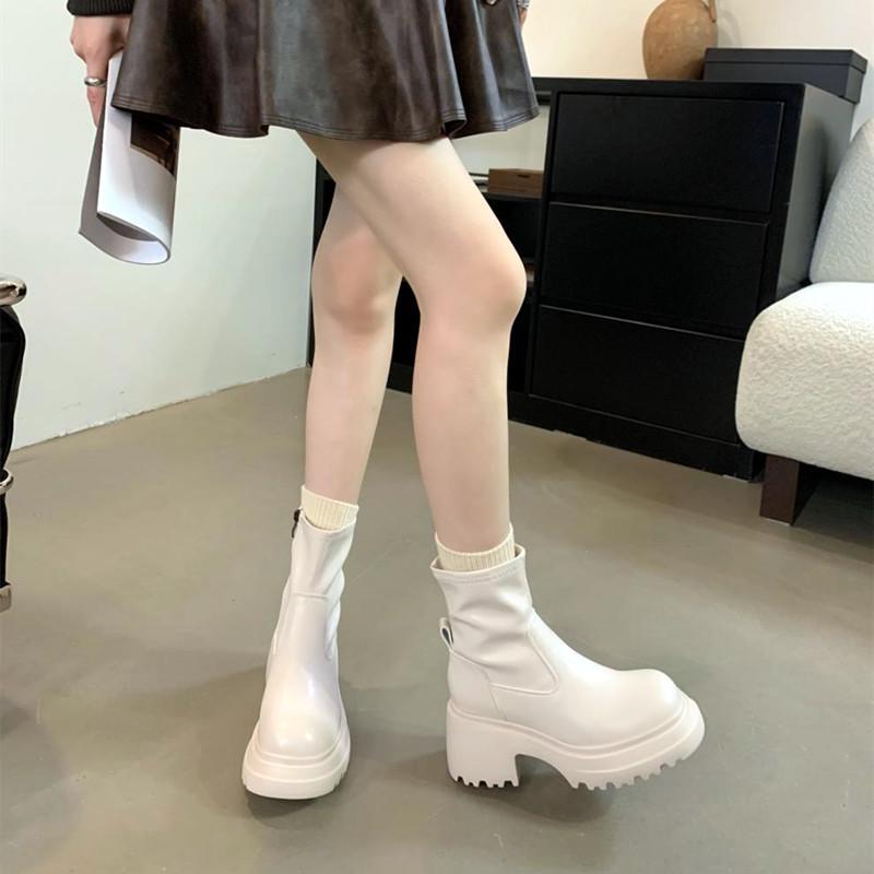 Fashion Black Soft Leather Ankle Boots Women Side Zip Design Platform Boots for Women Chunky Heel Non-slip Autumn Warm Biker Botas Mujer