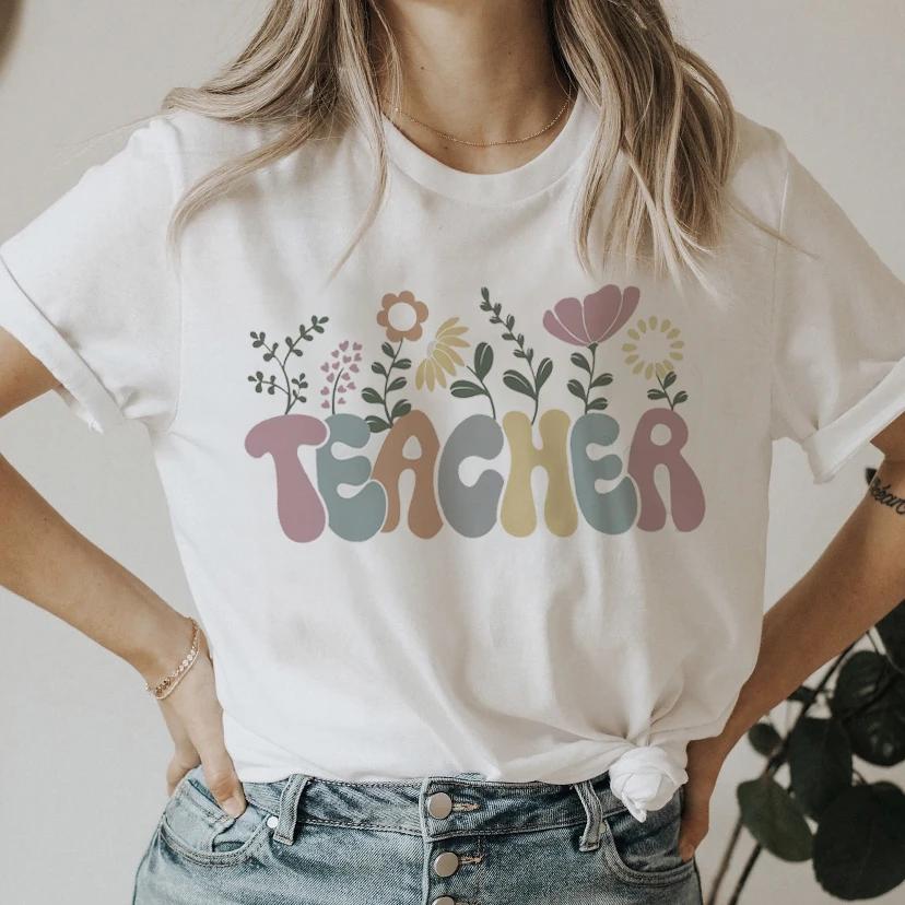 Fashion Letter Teacher Flowers 90s Print Clothing Women TShirt Aesthetics Graphic White Short Sleeve Polyester Womens T Shirt