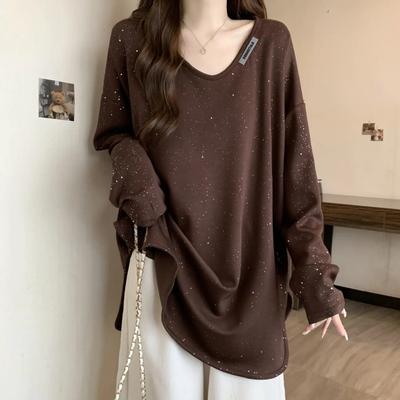 Korean Style V-neck Sequined Mid-length Casual Loose Versatile Bottoming Long-sleeved Top Women