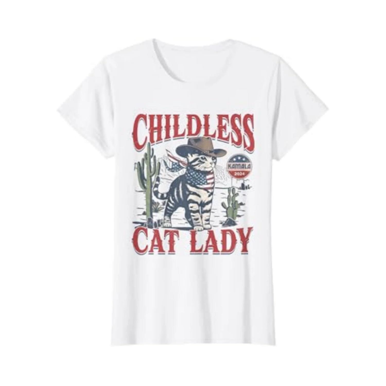 Cowboy Cat Childless Cat Lady For Kamala Election Voting Women s Crewneck High Quality Fashion Trend 100% Cotton T-Shirt 01232 S