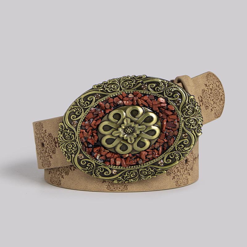 "European and American Women's Retro Turquoise Embossed Belt - Western Style Fashion Accessory"