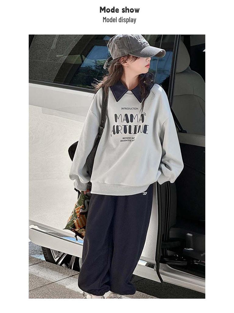 Herbst 2025 Mädchen-Sportbekleidung: Modisches Sweatshirt mit Buchstabenrevers und Hosen-Set