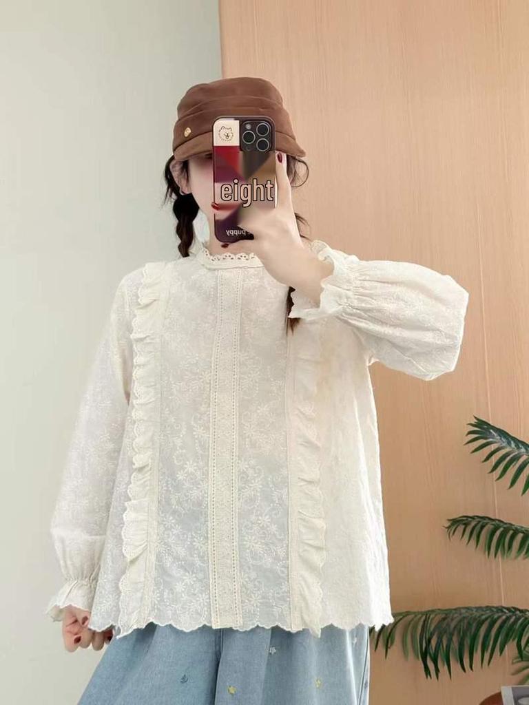 Spring 2026 Japanese Lace Embroidered Loose-Fit Women's Long Sleeve Pullover Shirt