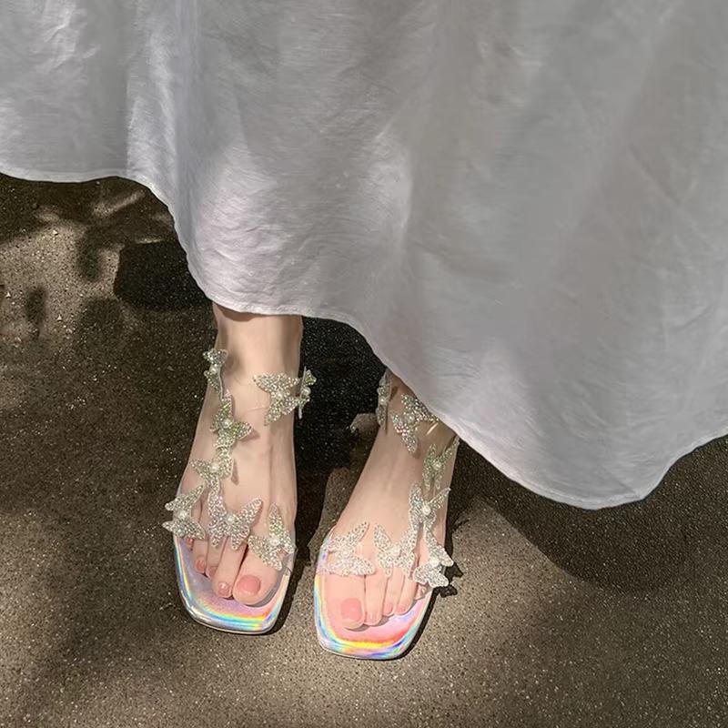 Fashion Rhinestone Sandals Women 2025 Summer New Fairy Wind Beautiful Fashion Butterfly Crystal Heel High Heel Half Slippers Outer Wear