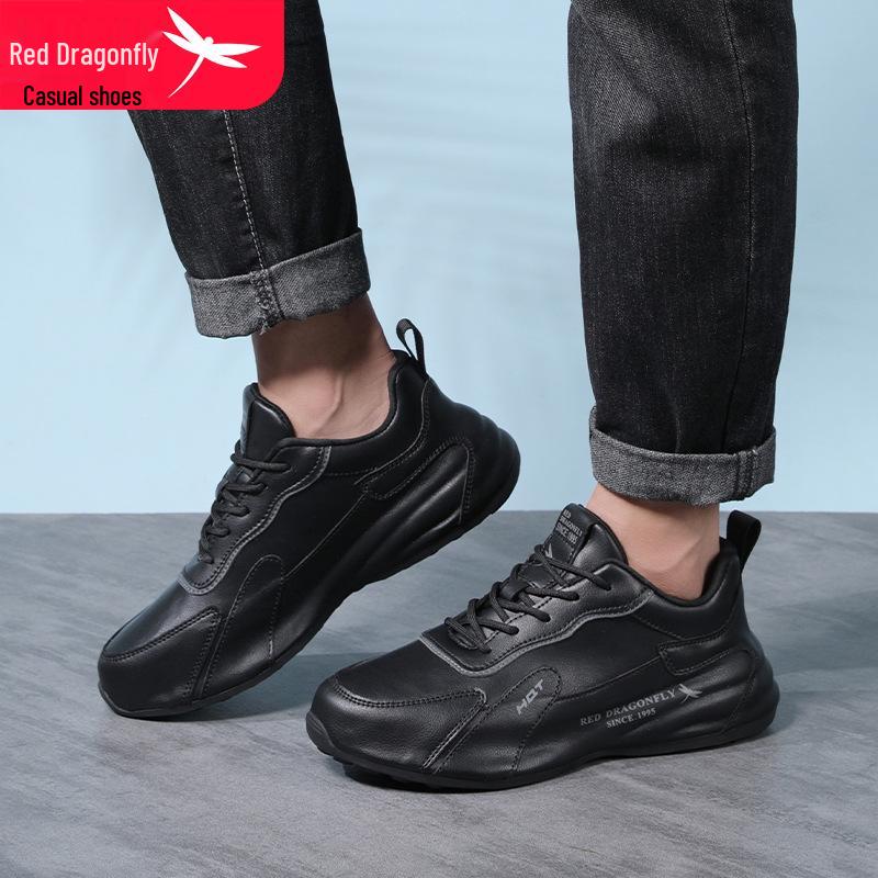 Red Dragonfly Men's Waterproof Leather Sneakers with Mesh Upper, Thick Rubber Sole, and Height Boost for Spring/Autumn Travel