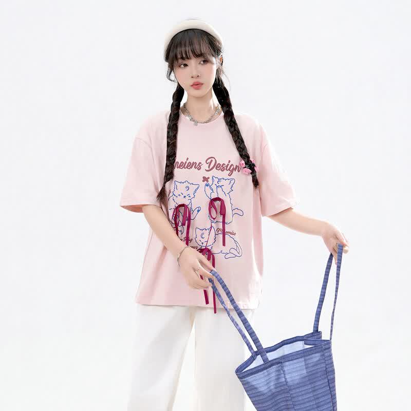 Weihongsi Cat Print Heavy Cotton T-Shirt XL