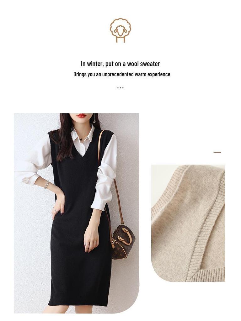 Women's 100% Wool V-Neck Sleeveless Knitted Vest Dress - Long Cardigan Style
