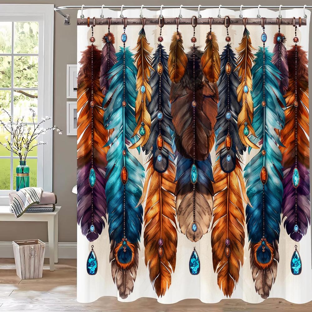 1Pc Colorful Bohemian Feather Print Shower Curtain Partition Privacy Hanging Bathroom Curtain With 12 Hooks Machine Washable