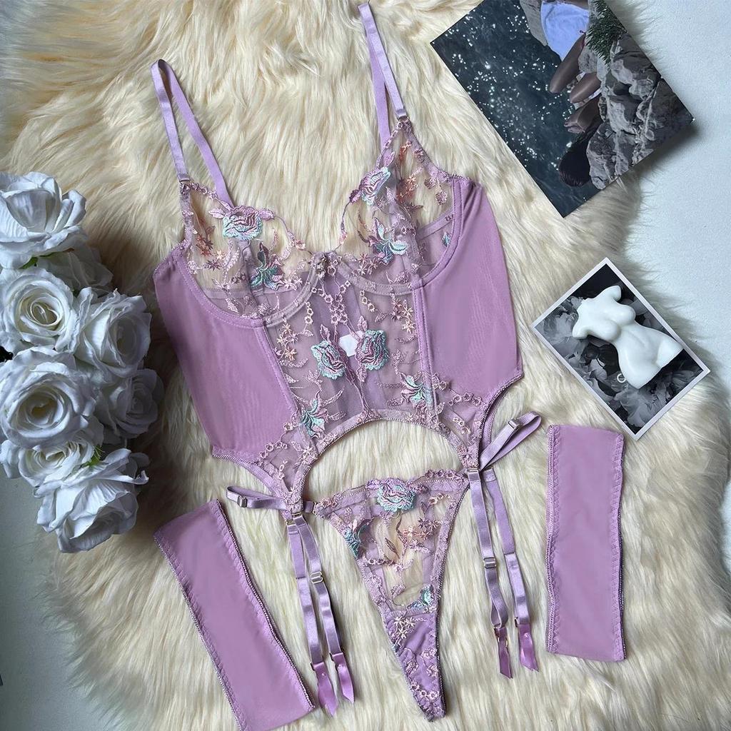 Floral Embroidery Mesh Corset Lingerie Set See Through Garter Belt 3 Piece Sexy Outfit Valentine Boudoir Photoshoot Romantic