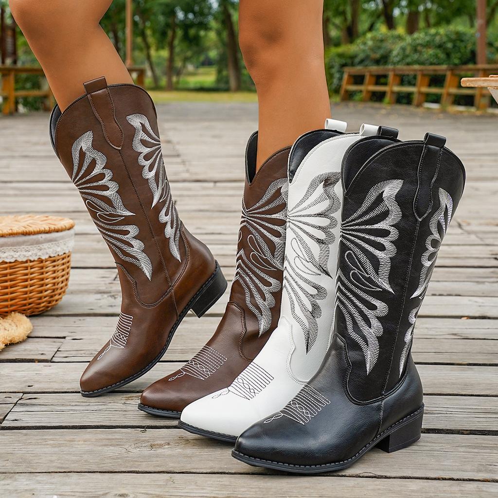 Cowboy Boots for Women Cowgirl Western Boots Embroidery Stitched Chunky Heel Mid Calf Boots Women's Pull-on Vintage Faux Leather Wide Calf Boots