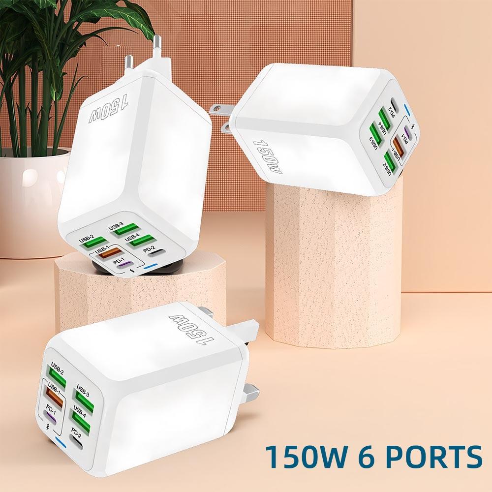 150W 6 Ports USB Charger PD Fast Charging Charger Wall Adapter EU Plug Charger Quick Charge 3.0 Multi Ports Power Adapter