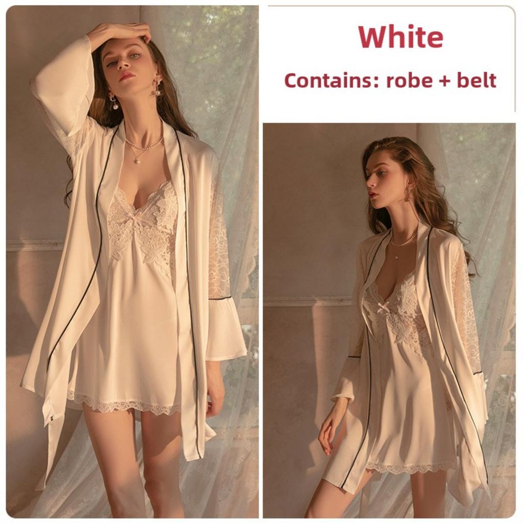 Satin Chest Pad Suspender Nightdress Sexy Deep V Lace-up Nightgown Loungewear Set