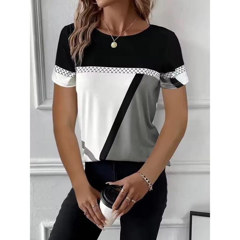 Women's T Shirt Graphic Casual Short Sleeve Round Neck Regular Tops Daily Patchwork Print Red Blue Khaki Summer