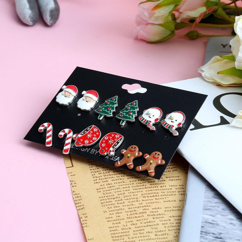 Christmas Earrings Santa Tree Snowman Rod Hat Cookie Man Christmas Stud Earrings Set Ornament