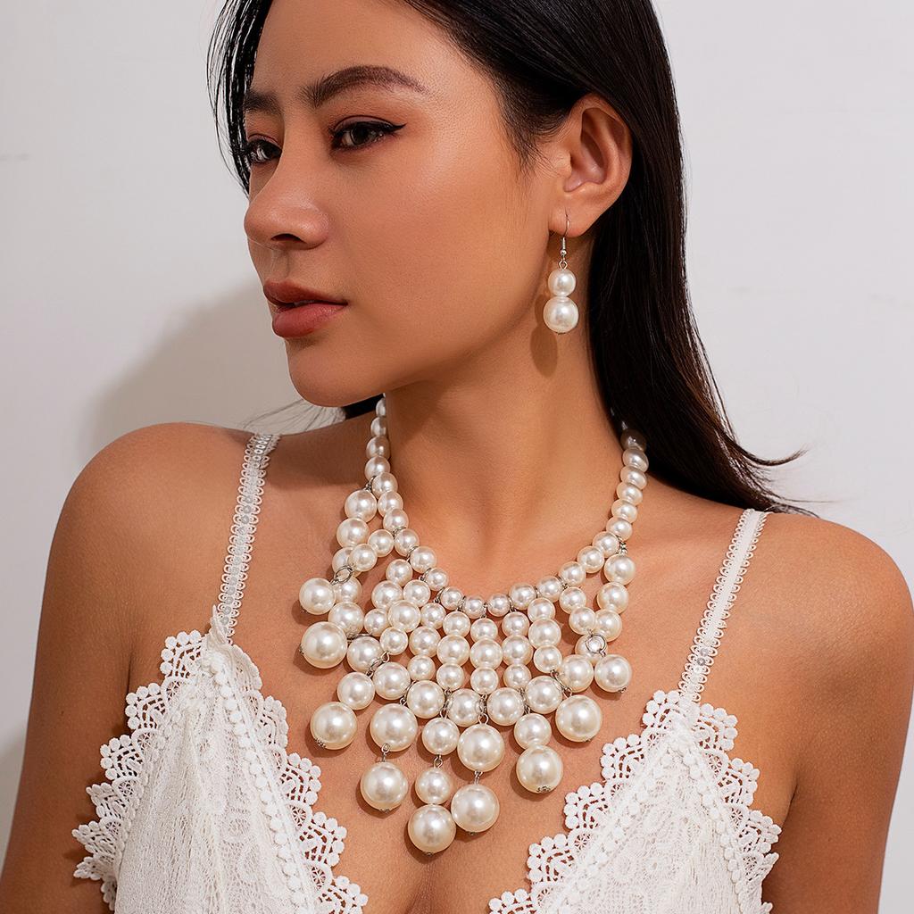 Personalisiertes übertriebenes Imitationsperlen-Quasten-Halsketten-Set, Retro geometrische runde Perlen, mehrlagige Schlüsselbein-Kette für Damen