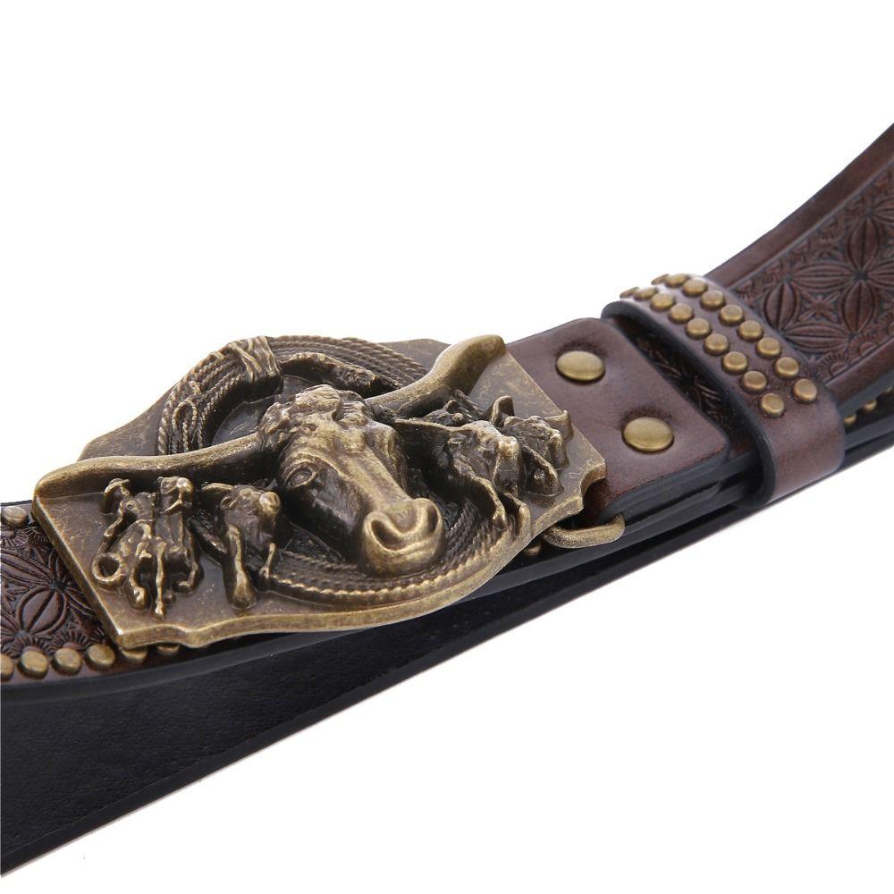 Retro Western Cowboy Herr PU-läderbälte Lyxig Design Trendigt Märke Oxhuvud Midjebälte Jeans Byxor Bälte