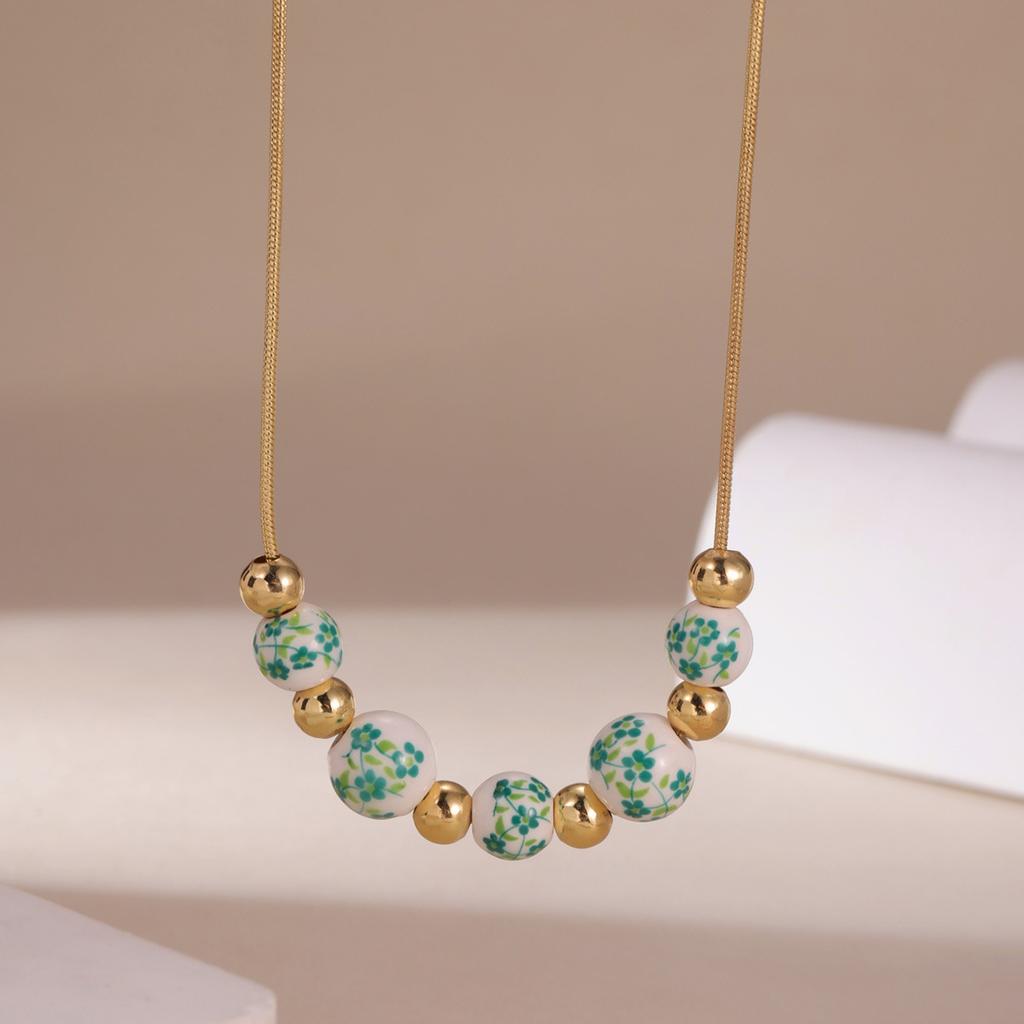 Temperament national style blue and white porcelain round bead fringed necklace, simple and versatile high-end necklace