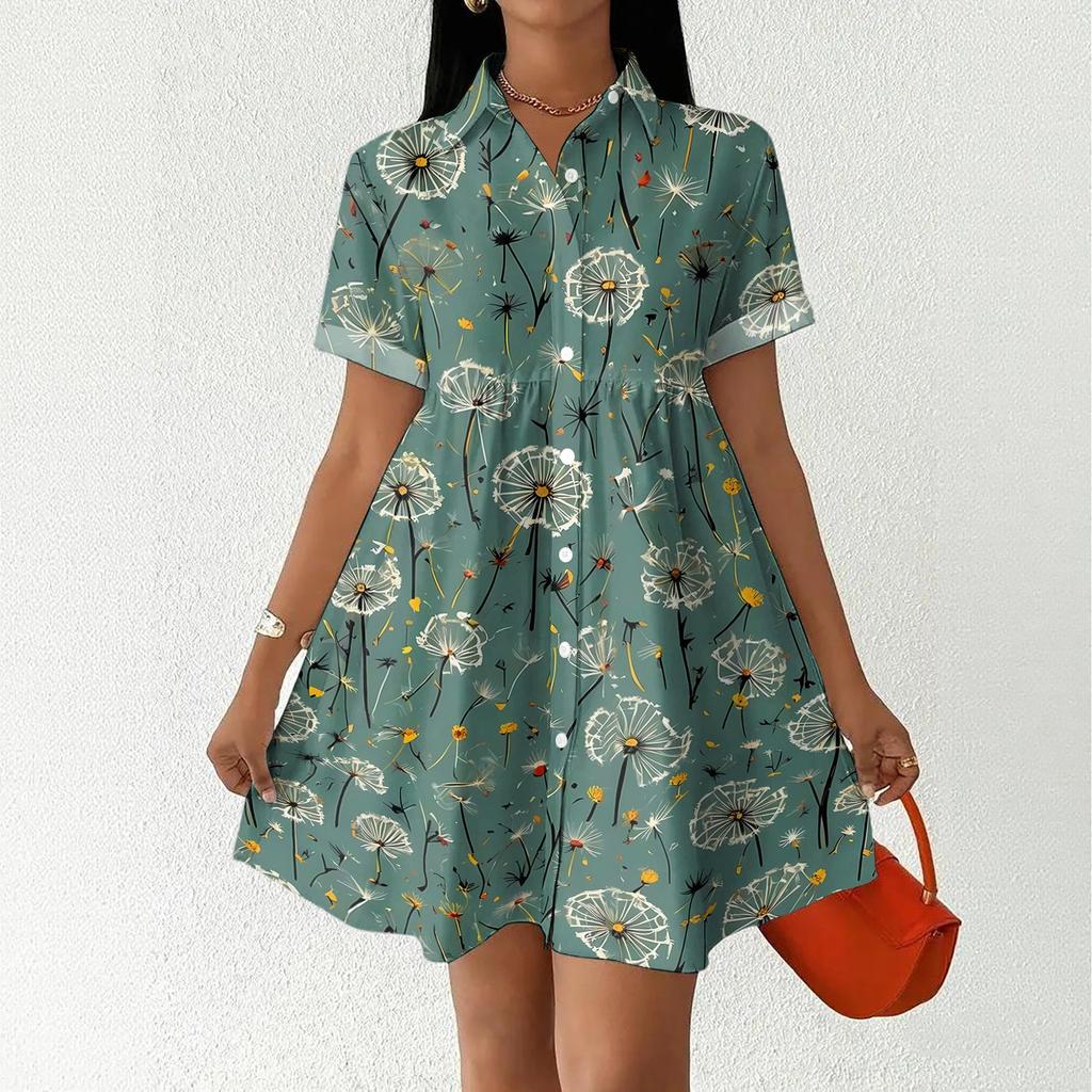 Women's Casual Loose Fit Shirt Dress Button Front Short Sleeve Turn Down Collar Dress with Printed Pattern Suitable for Daily Wear