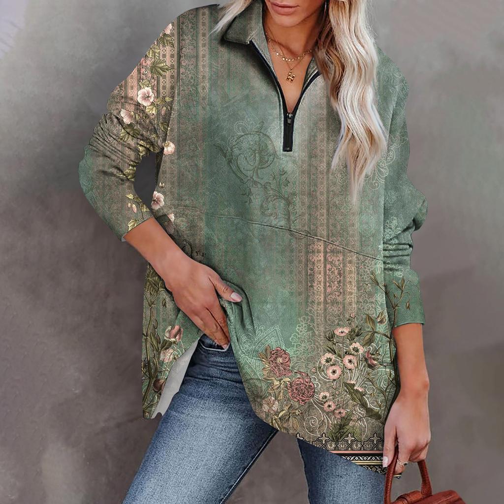 Damen Lässiges Übergroßes Sportshirt mit Halbreißverschluss Langärmlig Bedruckt mit Tasche Pullover-Top