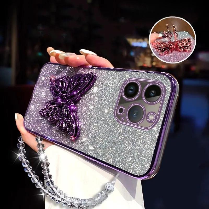 3D Butterfly Phone Holder Crystal Bracelet Glitter Plating Case for Iphone 15 14 13 12 Mini 11 Pro XS Max XR 8 7 Plus Cover