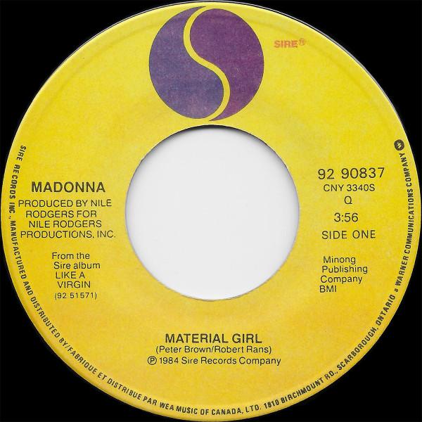 

7inch Record MADONNA Material Girl 9290837 Sire 1985 Canada Pop Used