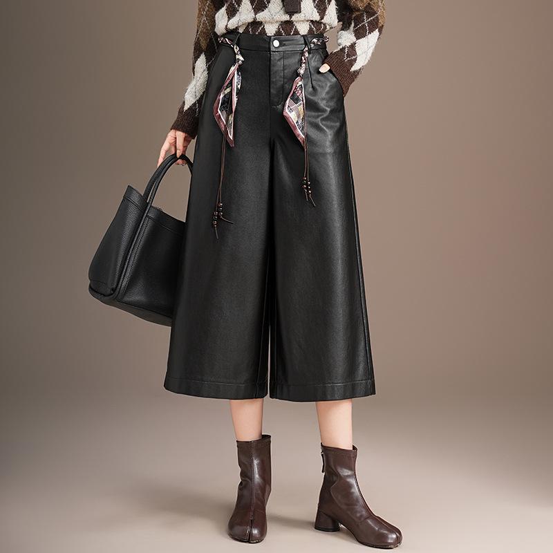 

Women s Spring 2026 PU Leather High-Waisted Wide-Leg Cropped Pants - Petite, Slimming, Versatile, Casual Straight Fit 3X Large