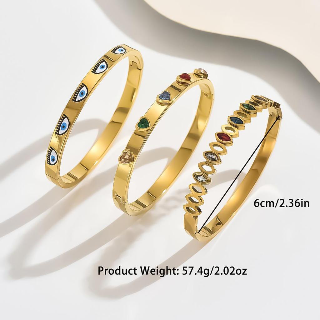 Geometric Gold & Gem Heart Bracelet Set for Women - Stackable Stainless Steel Evil Eye Jewelry