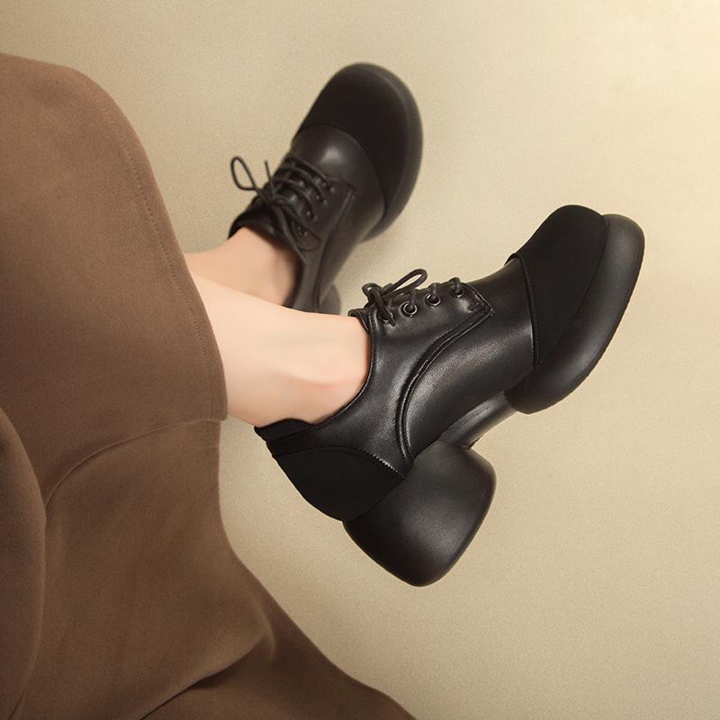 Fashion Women's Fashion Thick Heel Shoes Spring New Round Head Deep Mouth Splicing Front Lacing Thick Sole Mid-heel Shoes