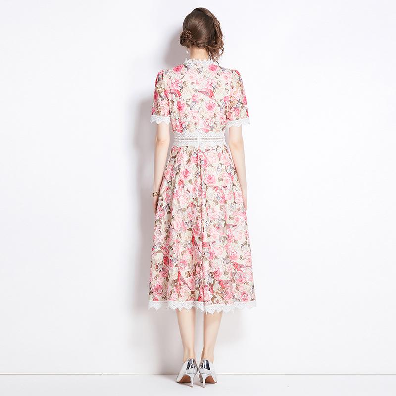 Elegant Floral Print Lace Summer Dress for Women High Quality Hollow Out Short Sleeve Slim Party Dress Robes Femme