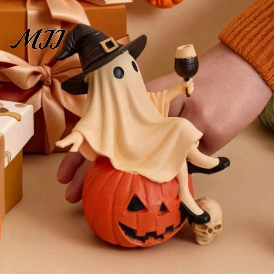 Decorative Bar Accessories Cute Ghost Figurine, Sitting on Pumpkin Statue with Witch Halloween Party Table Centerpieces Hat, Resin Tabletop