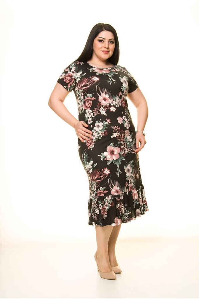 Damen Große Größen Kleid Schwarz Plus Size Gemustertes Kleid 8E-1744