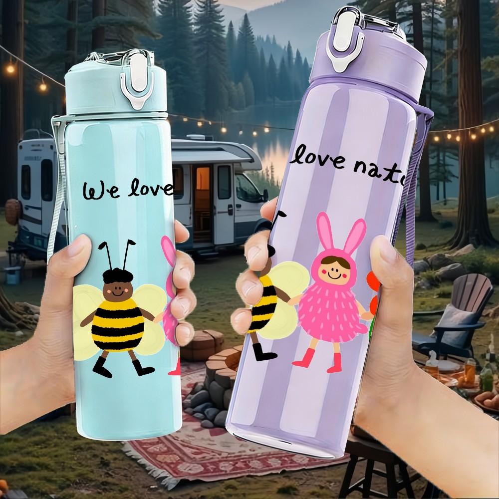 1PC Bee Bunny Flower Design 750ml Color Plastic Sports Water Bottle Leakproof Flip Straw Lid Suitable for Sports Office Home Use