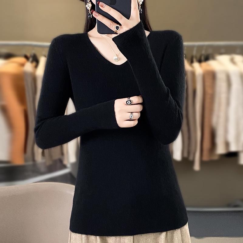 2024 Spring/Autumn Women's Slim Fit V-Neck Long Sleeve Knitwear - Korean Style Trendy Base Layer