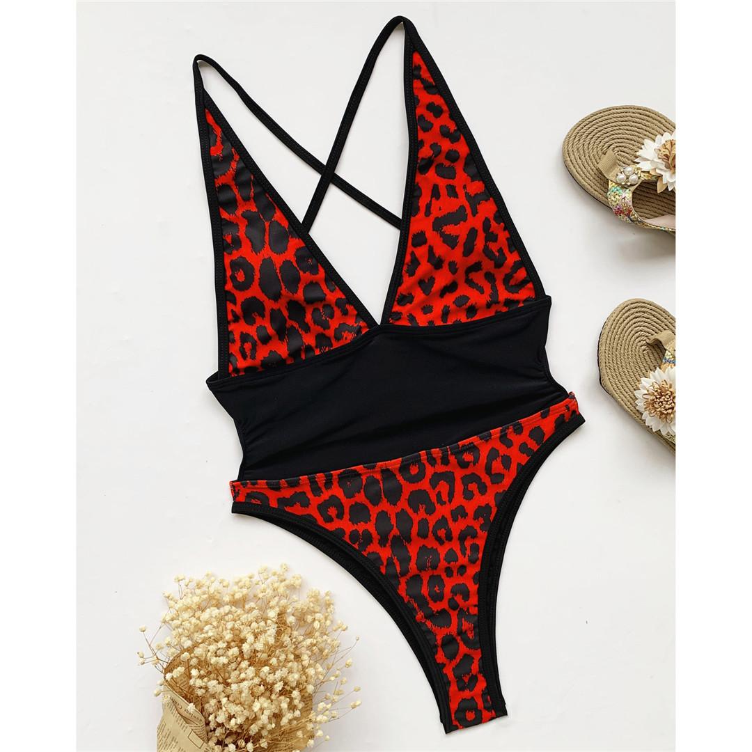 

мода сексуальный глубокий V сращивание леопардовый высокий вырез цельный купальник женский купальник женский спинка монокини купальный костюм плавание S