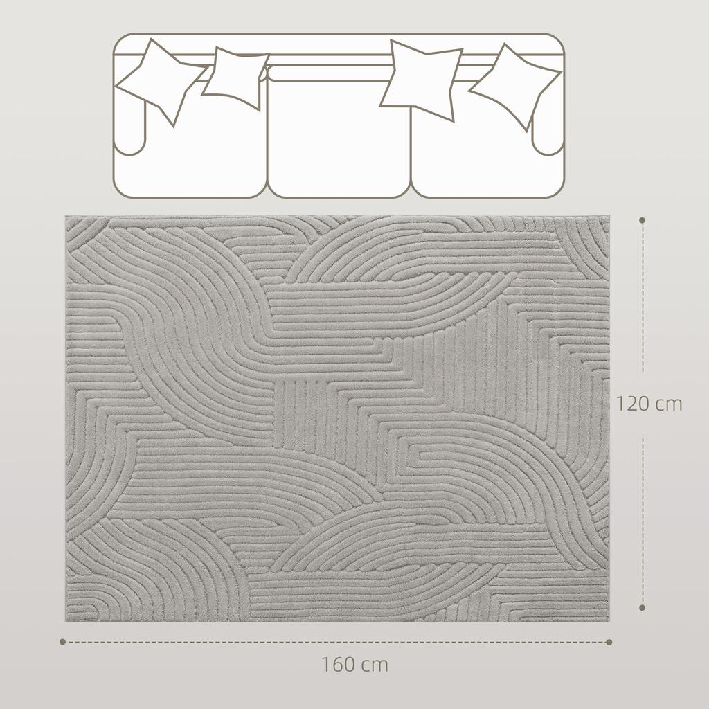 Living Room Rug, Thick Pile Geometric, Non-Slip, 160 x 120 cm, Grey