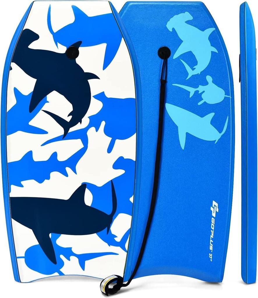GOPLUS Bodyboard, 37-inch, 93cm Wide x 47cm Deep x 6cm Thick, with Leash, for Summer Vacation (Shark Pattern)