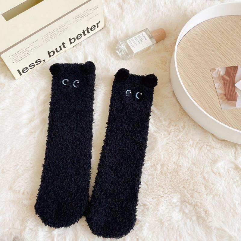 

Носки из кораллового флиса для женщин на зиму, утолщенные и не линяющие для кошек, домашние носки для сна, длинные носки для пола и длинные носки 1 pair чёрный